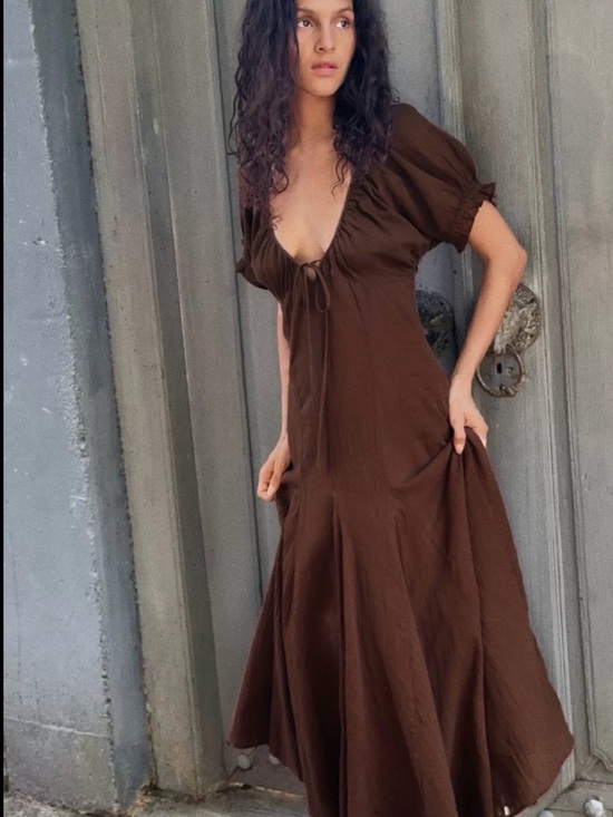 Zara Dresses & Skirts - Zara Chocolate Brown Maxi Dress with Tie-Front